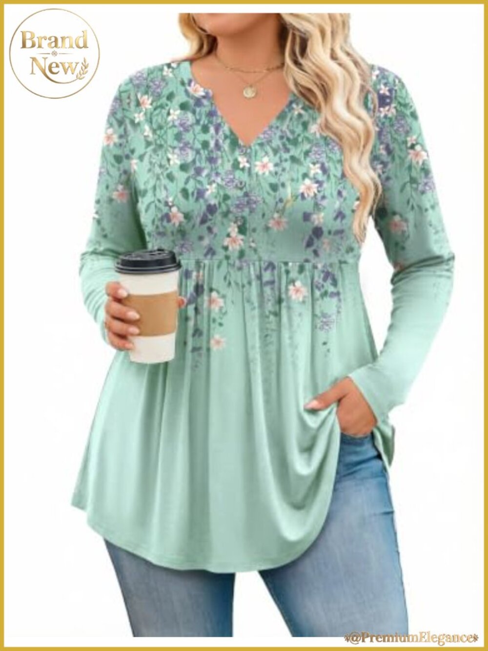 Plus Size Long Sleeve Henley Tunic Flowy Blouse with Buttons